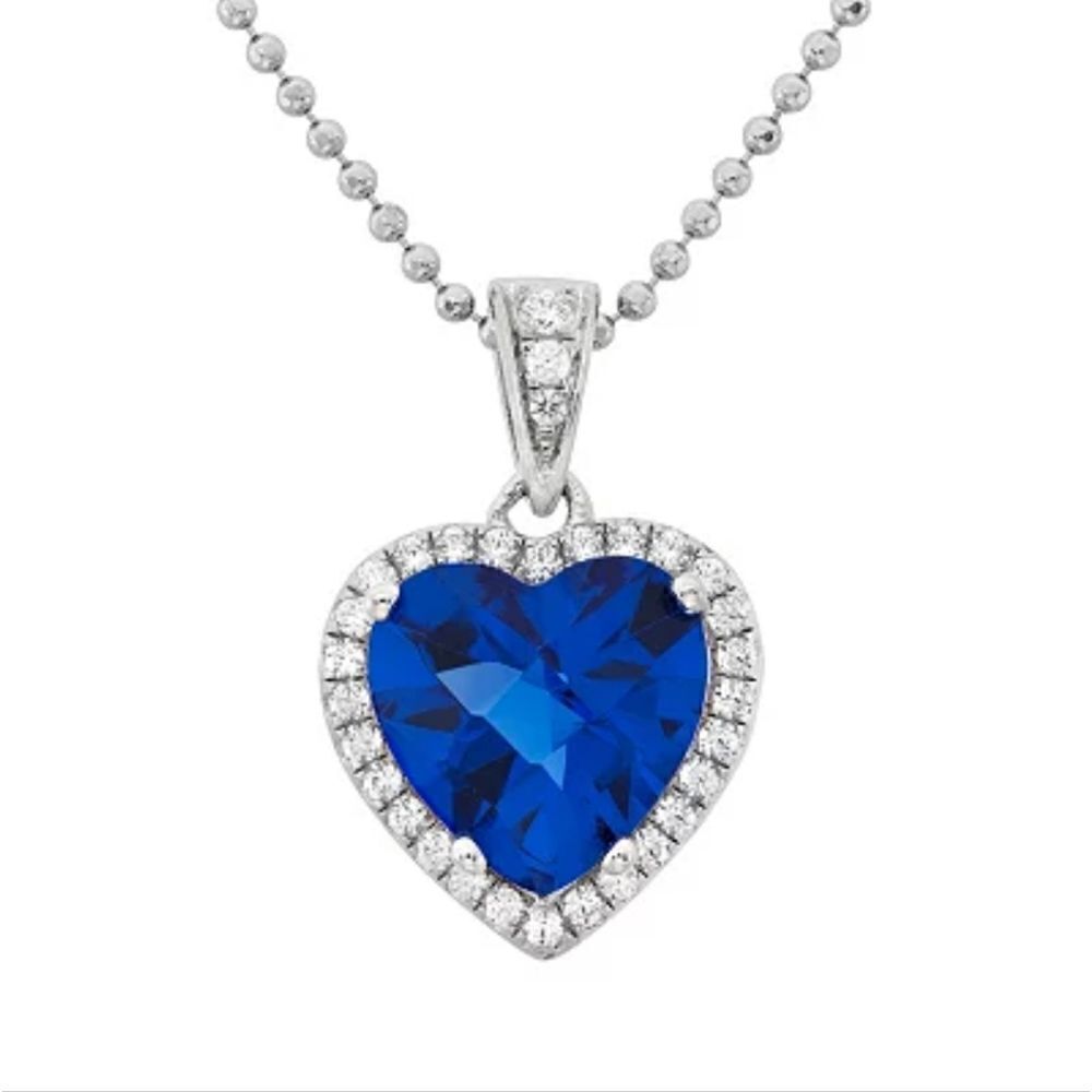 Blue Obsidian & Cubic Zirconia Platinum over 925 Silver Heart Pendant Necklace